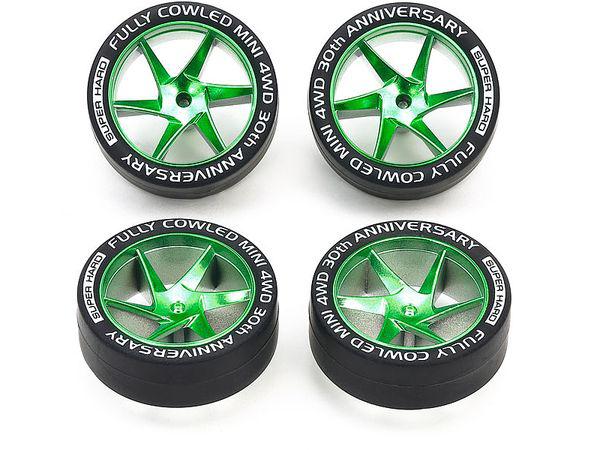 フルカウルミニ四駆30周年 スーパーハードローハイトタイヤ&マットグリーンメッキホイール