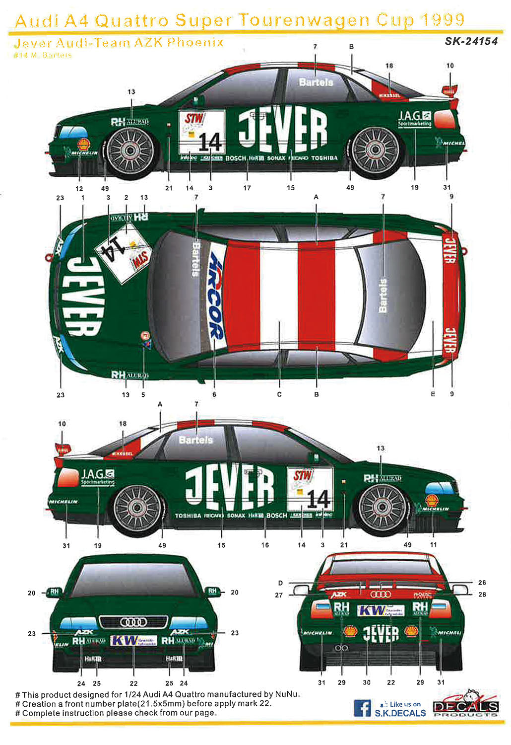 1/24 アウディ A4 クワトロ 1996 BTCCチャンピオン 1999 ドイツ スーパーツーリング選手権 イェーヴァーアウディ チームAZK フェニックス デカール付属