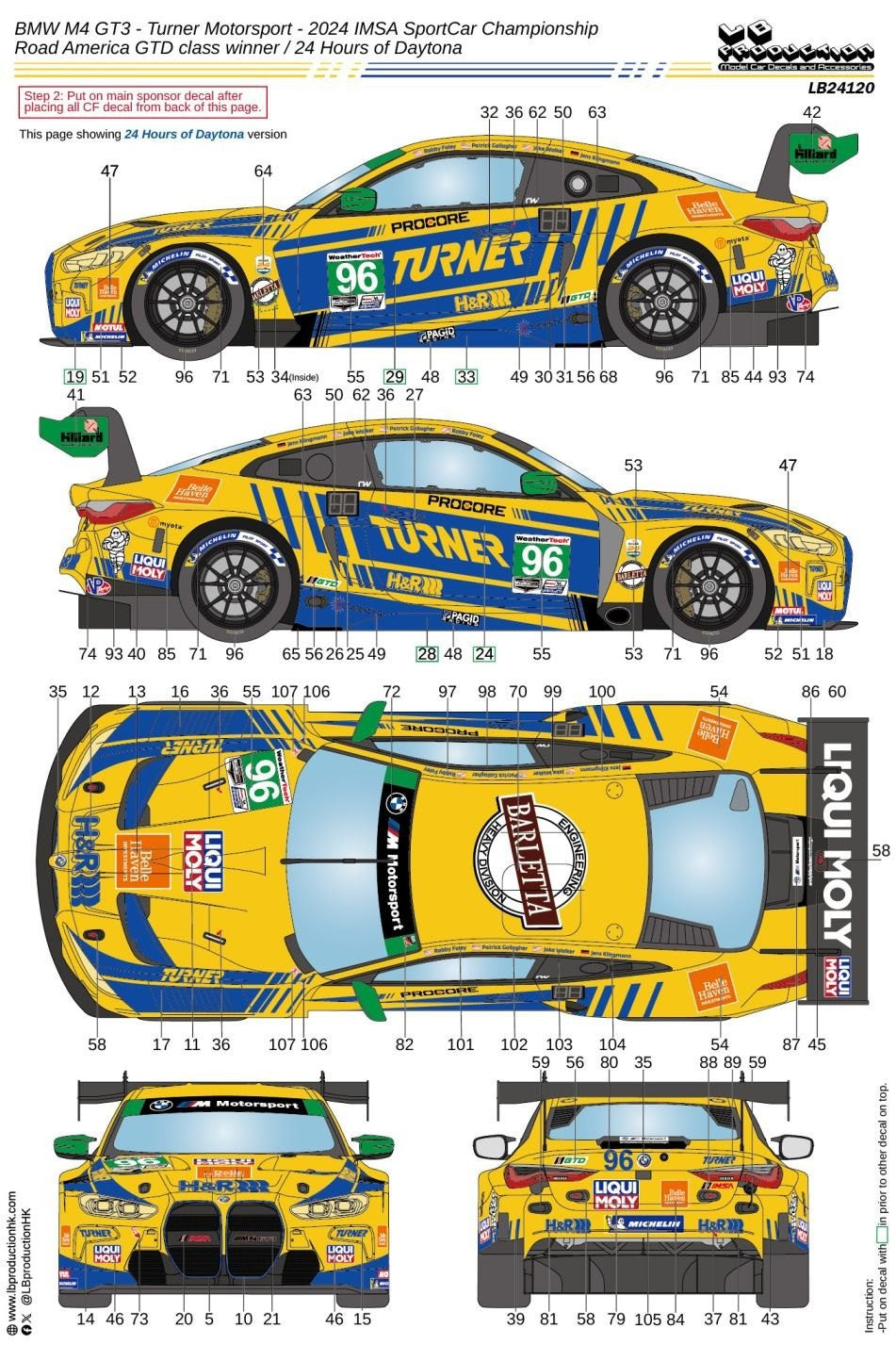 1/24 BMW M4 GT3 2024 IMSA スポーツカー・チャンピオンシップ ロード・アメリカ GTD クラスチャンピオン&デイトナ24時間レース ターナー・モータースポーツ #96 デカール付属