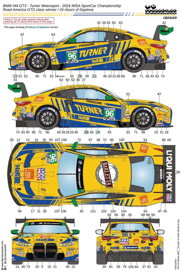1/24 BMW M4 GT3 2024 IMSA スポーツカー・チャンピオンシップ ロード・アメリカ GTD クラスチャンピオン&デイトナ24時間レース ターナー・モータースポーツ #96 デカール付属