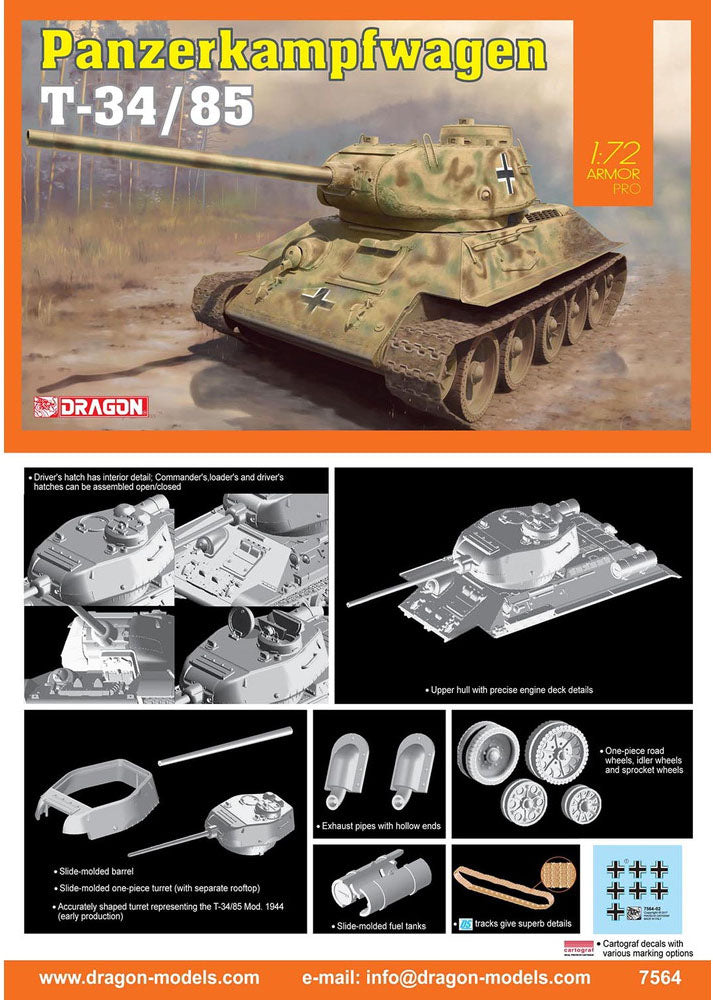 DRAGON(ドラゴン) WW.II ドイツ軍 鹵獲戦車 T-34/85 1/72スケール 未塗装組立キット